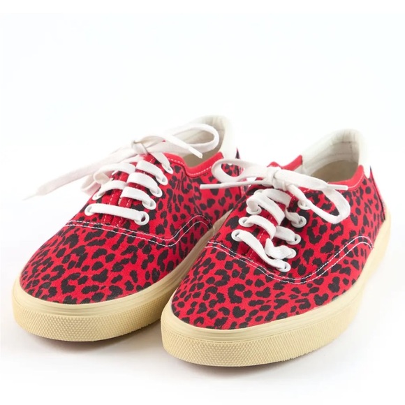 Saint Laurent Paris Red/Black Leopard Print Canvas Skate Low Top Sneakers - Picture 2 of 16